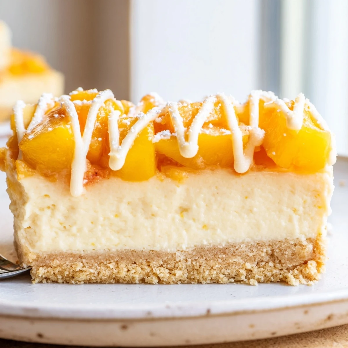 Creamy peaches and cream cheesecake bars sliced on a rustic summer dessert plate