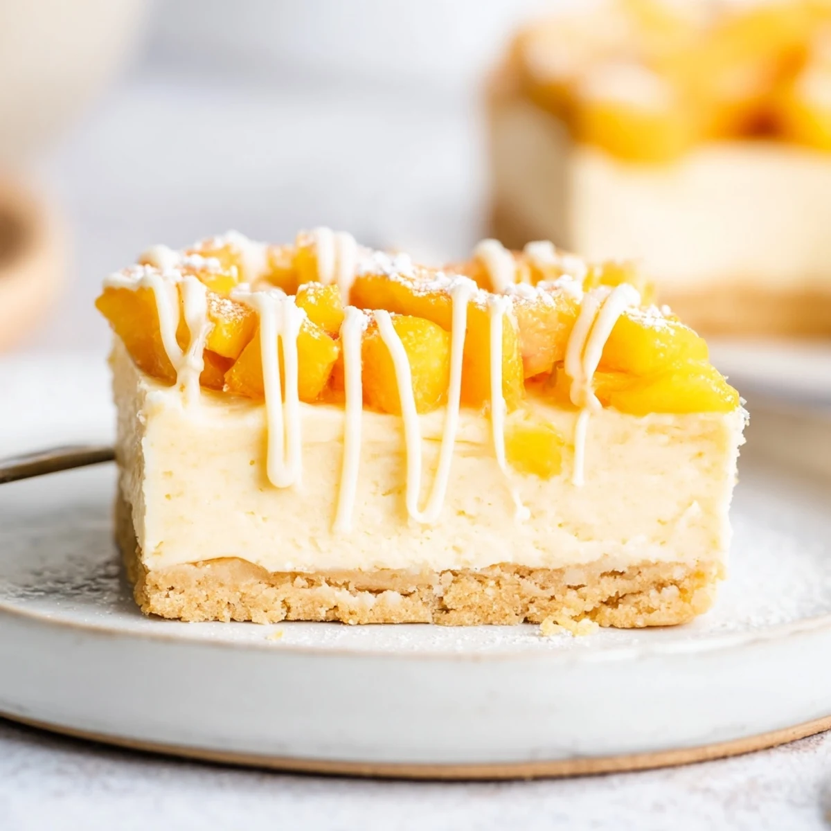 Chilled peaches and cream cheesecake bars drizzled with whipped cream and dusted sugar
