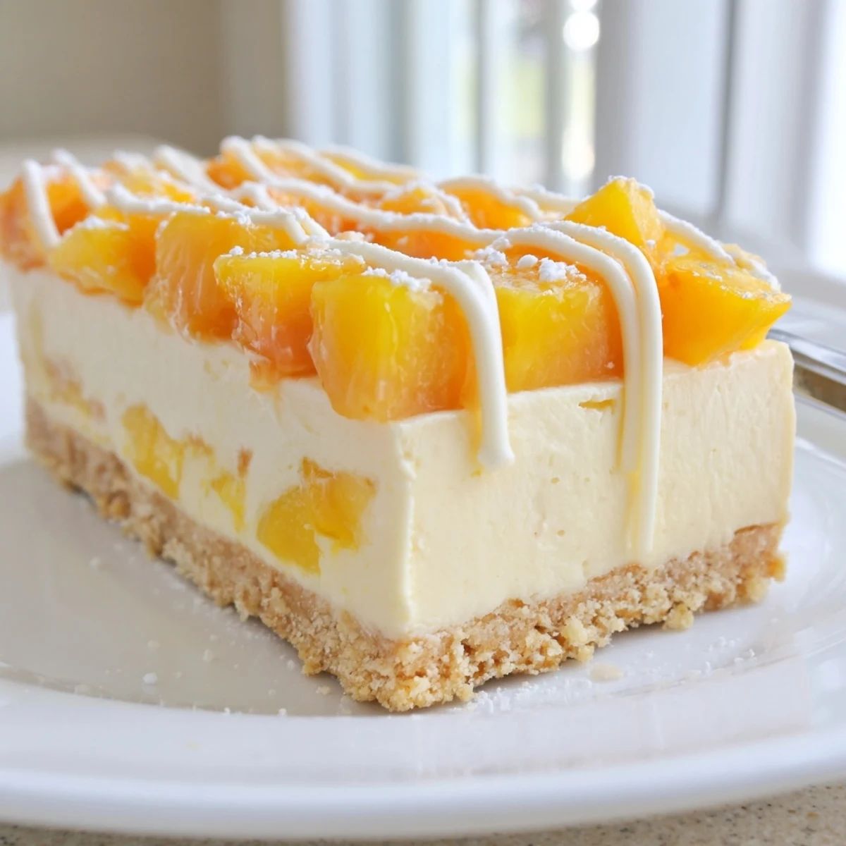 Golden graham crust peaches and cream cheesecake bars topped with juicy fresh peach chunks