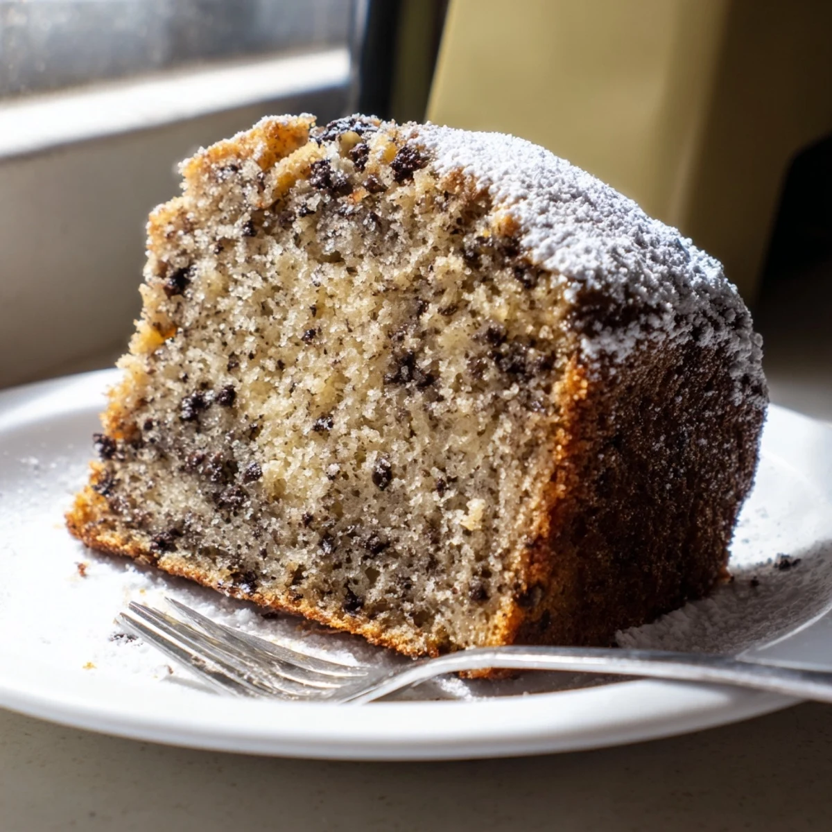 A golden banana cake slice topped with creamy frosting on a white plate.