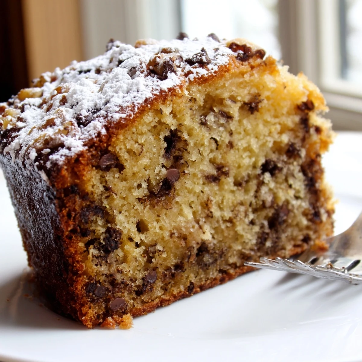 Moist banana cake served warm on a rustic cutting board with powdered sugar.