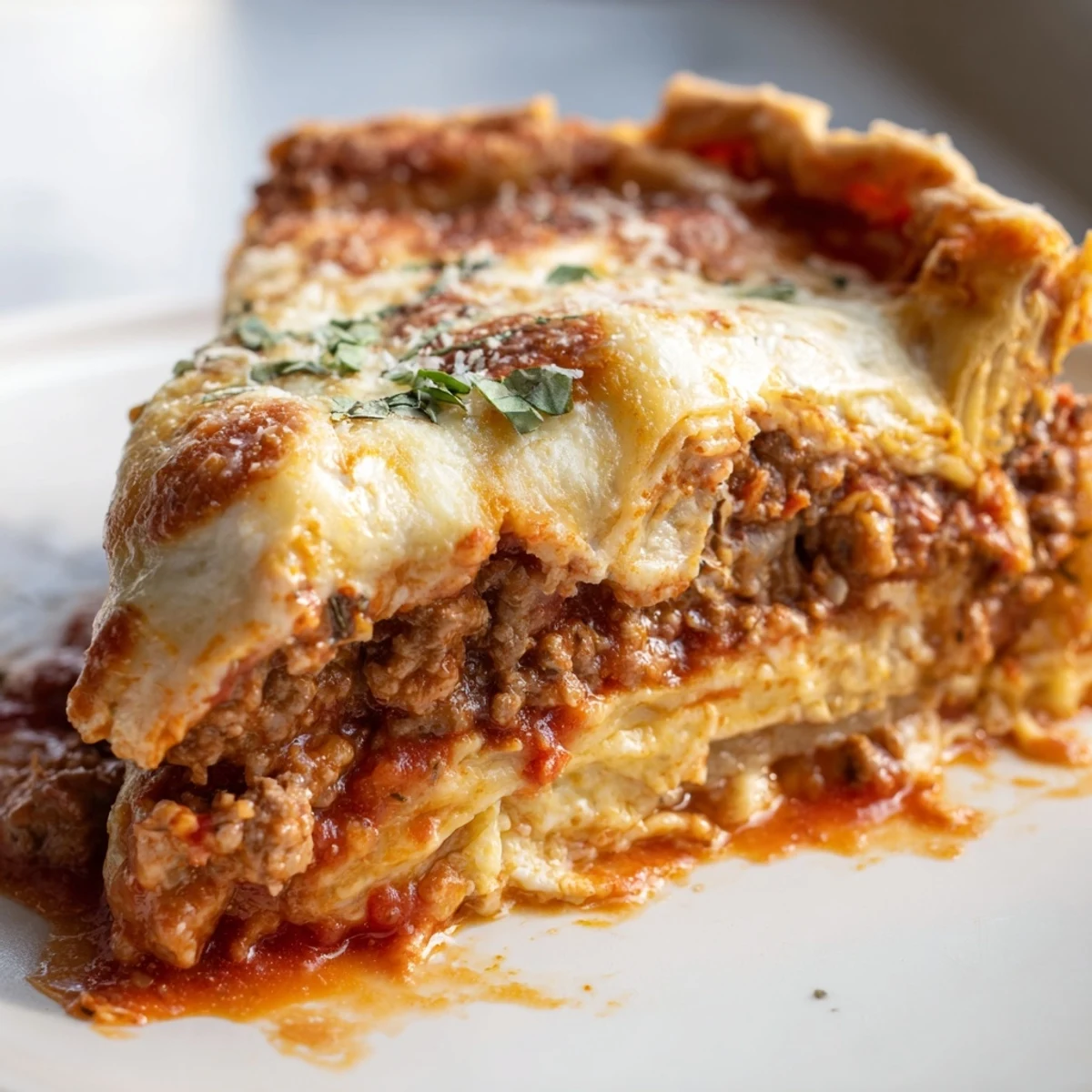 Golden bubbling cheesy lasagna pie with gooey layers fresh from the oven