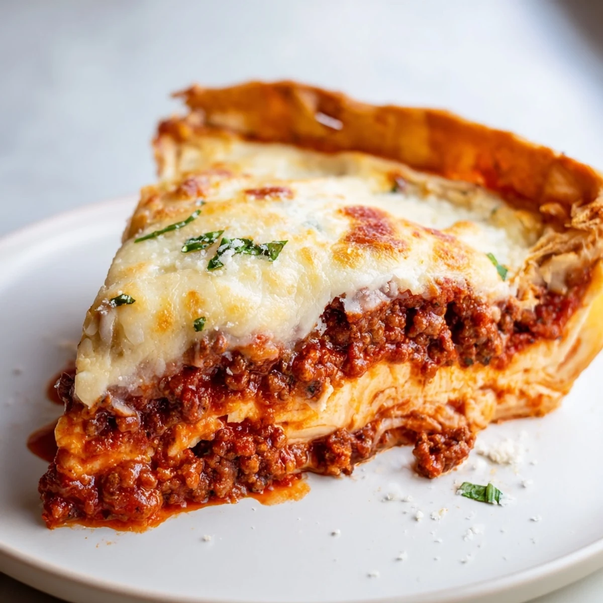 Cheesy lasagna pie sliced open revealing gooey layers of ricotta and beef