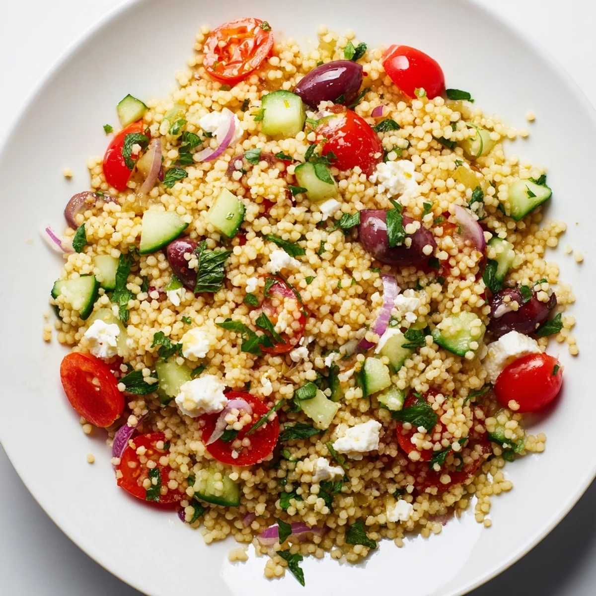 Colorful Mediterranean couscous salad topped with crumbled feta and fresh herbs in a bright bowl