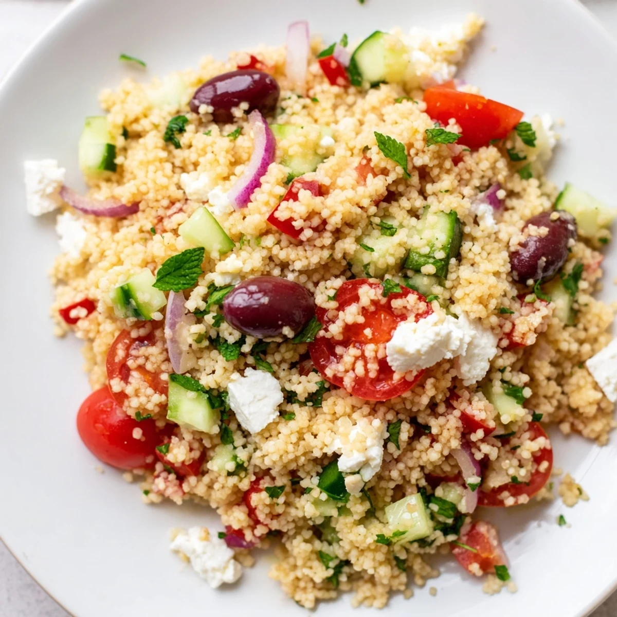 Fluffy couscous tossed with diced vegetables and drizzled with hot honey lemon vinaigrette on a platter