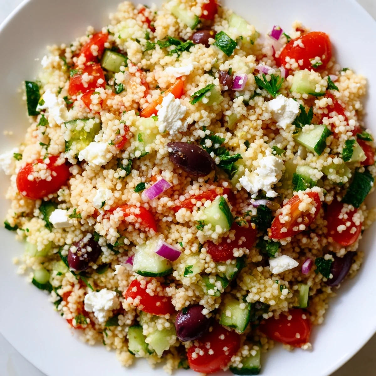 Mediterranean couscous salad served in rustic bowls garnished with Kalamata olives and chopped parsley