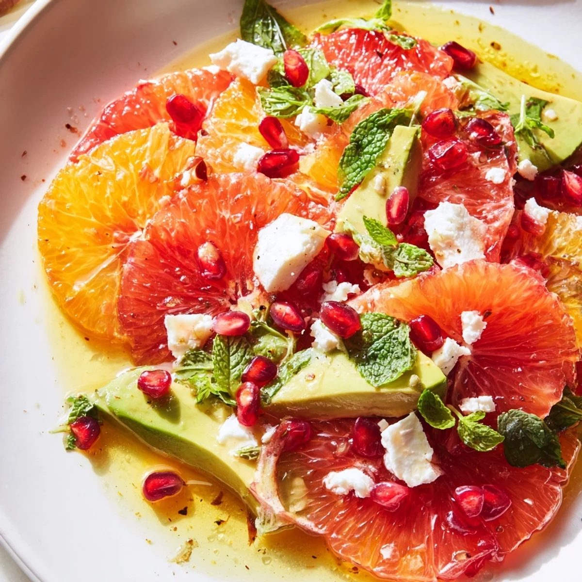 Colorful citrus salad with pomegranate jewels, creamy avocado, and crumbled feta on a platter
