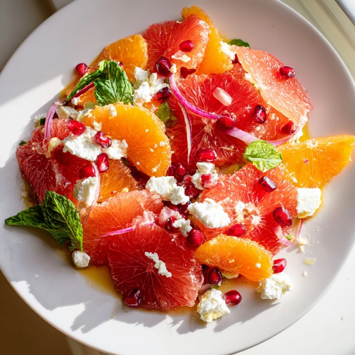 Bright citrus salad topped with ruby pomegranate seeds, avocado slices, and tangy feta