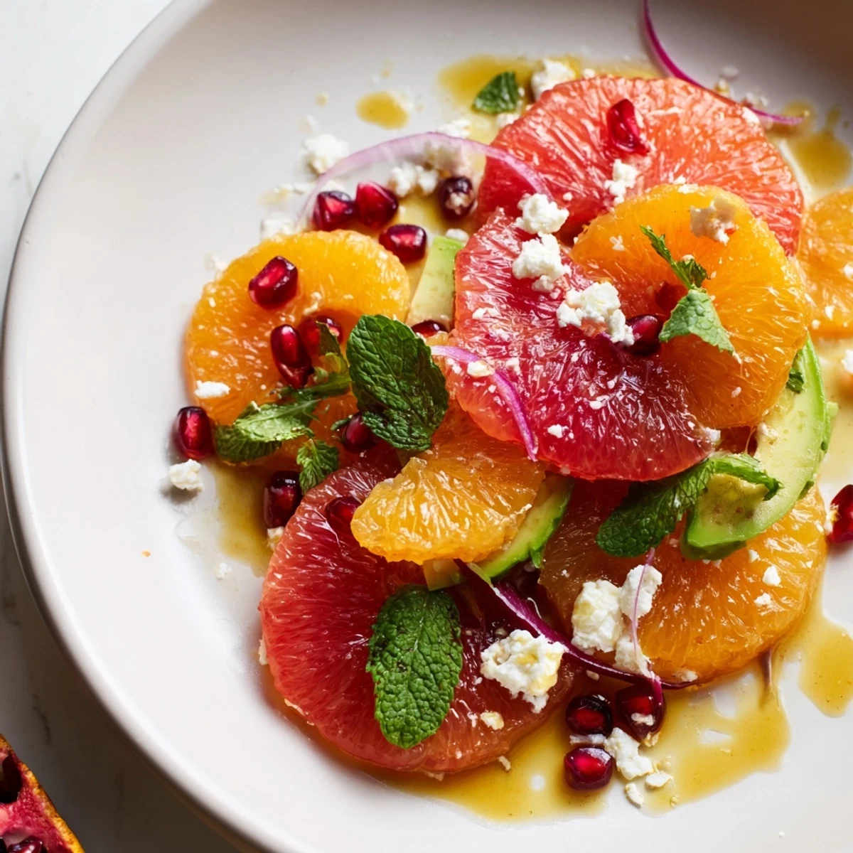 Fresh citrus salad with pomegranate arils, smooth avocado, and feta drizzled with vinaigrette