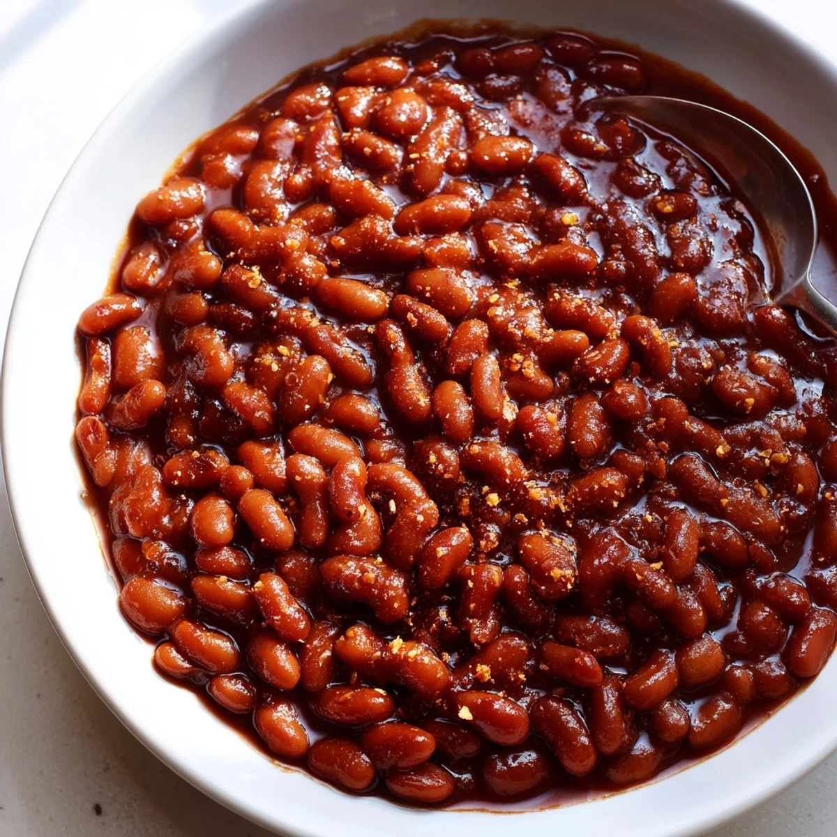 Quick Barbecued Beans in a rustic bowl with glossy, sticky sauce glistening under warm light.