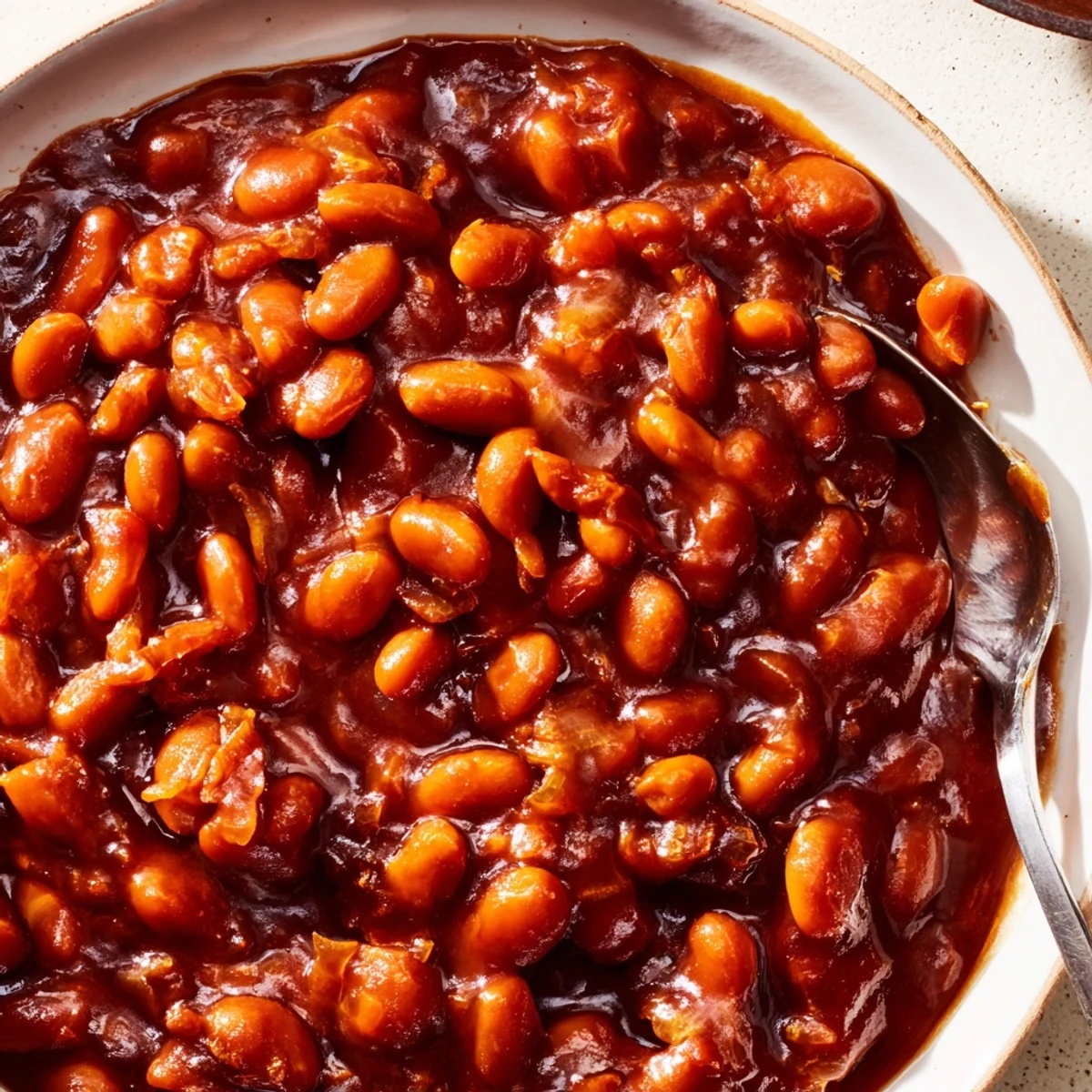 Smoky quick barbecued beans served steaming hot alongside grilled cornbread on a summer plate.