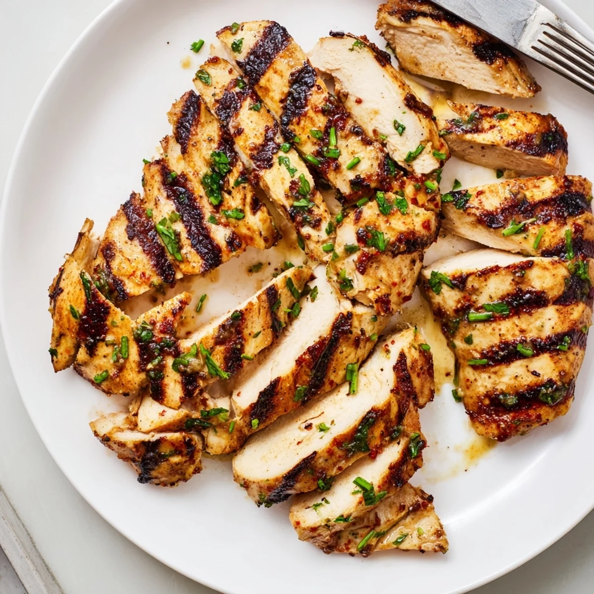 Juicy Mayo Marinated Grilled Chicken with golden char marks on a rustic plate