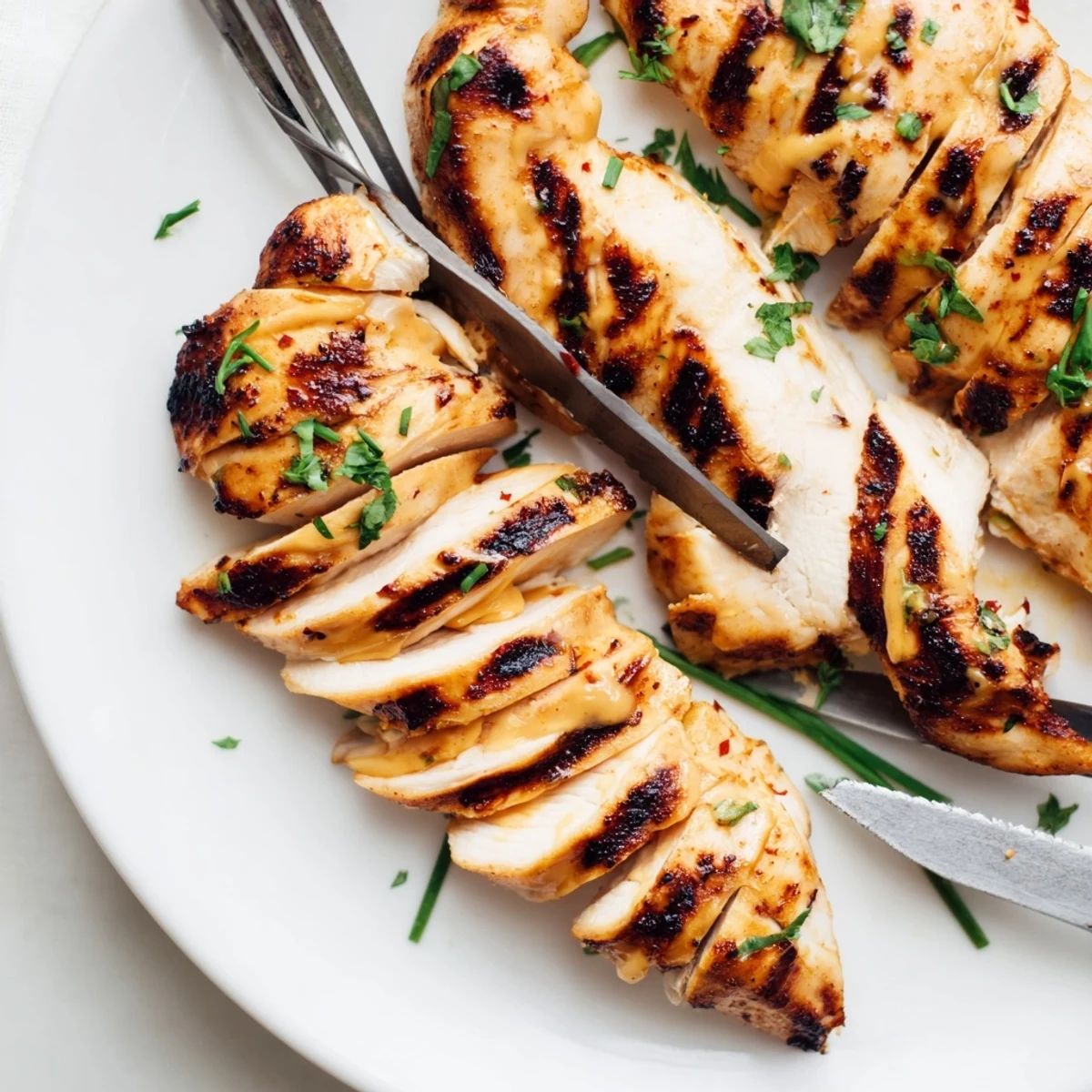 Creamy herb-flecked Mayo Marinated Grilled Chicken sliced and garnished with fresh parsley