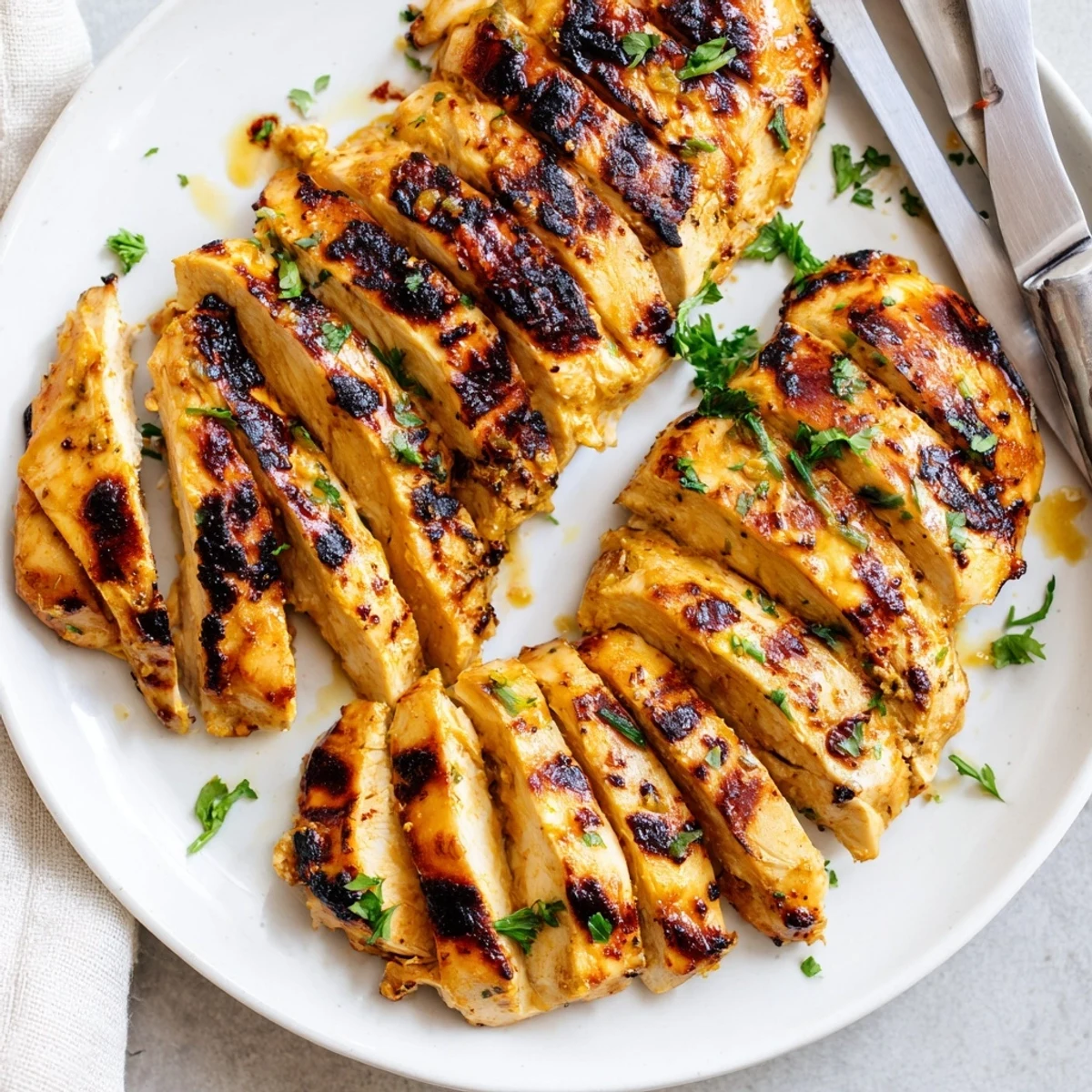 Smoky grilled chicken breasts coated in a rich, golden mayonnaise marinade served hot