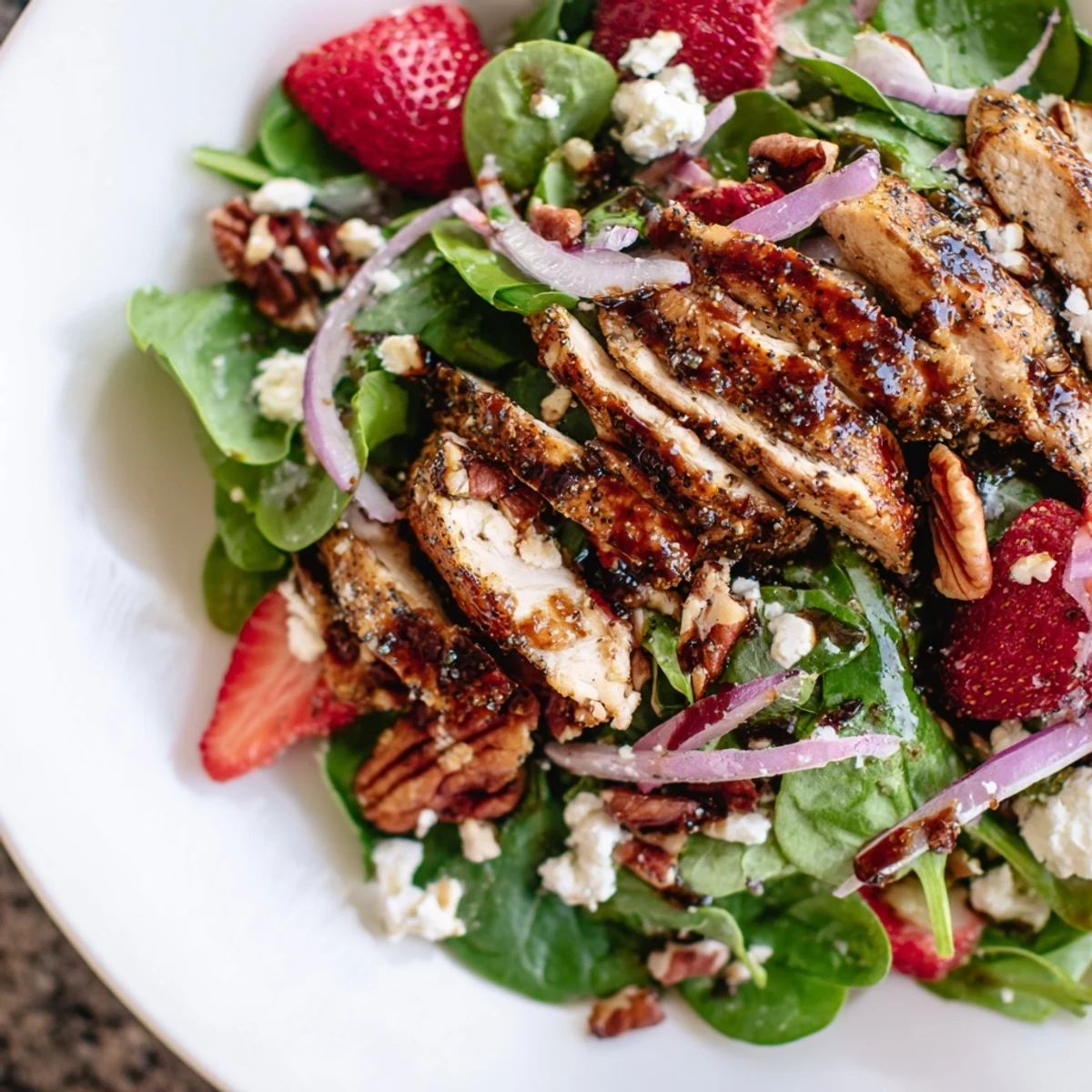 Juicy sliced chicken nestled among fresh greens and ripe strawberries in this vibrant strawberry chicken salad