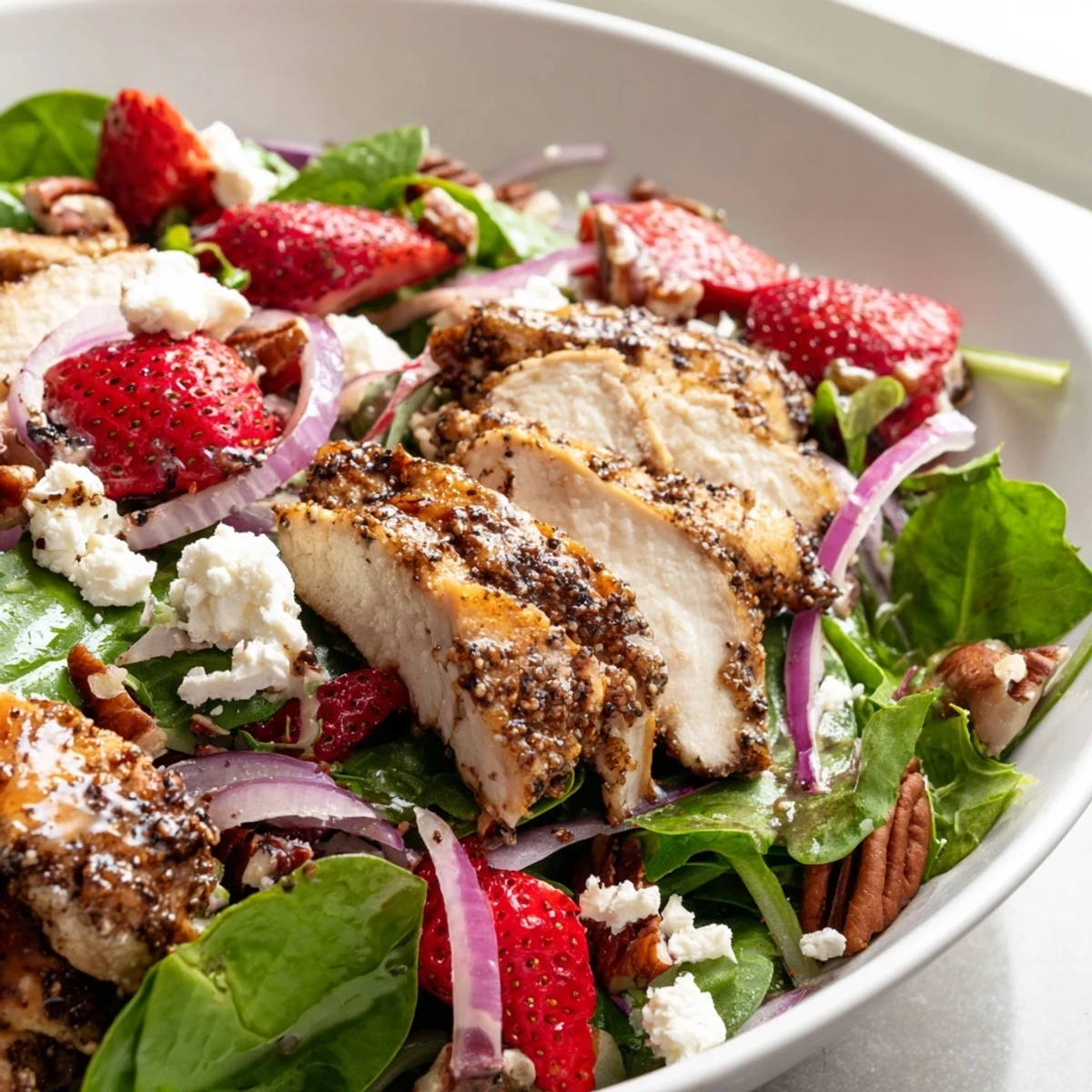Golden seared chicken breast crowns a colorful bed of greens, sliced strawberries, and crumbled feta in this strawberry chicken salad