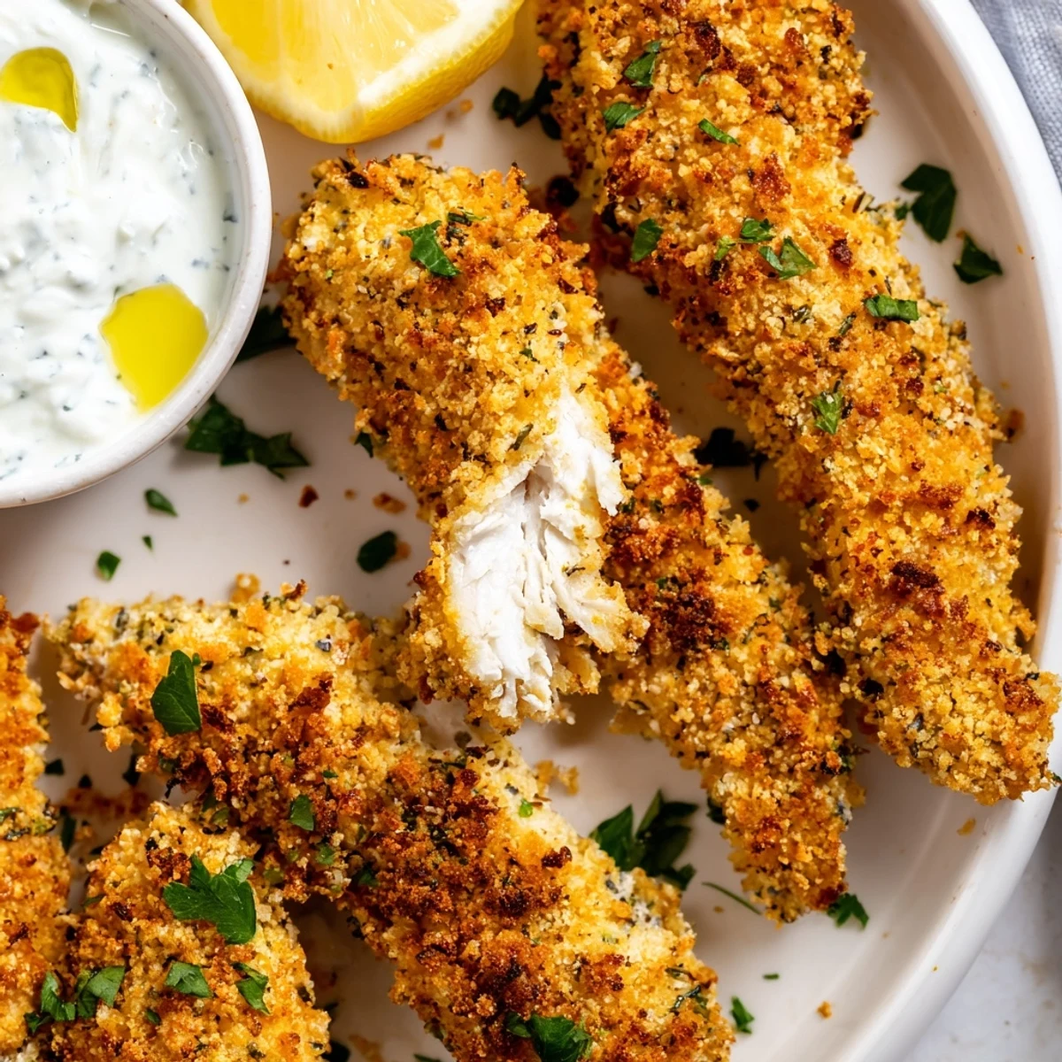 Golden crispy Greek chicken strips with herb-flecked panko crust served fresh and hot