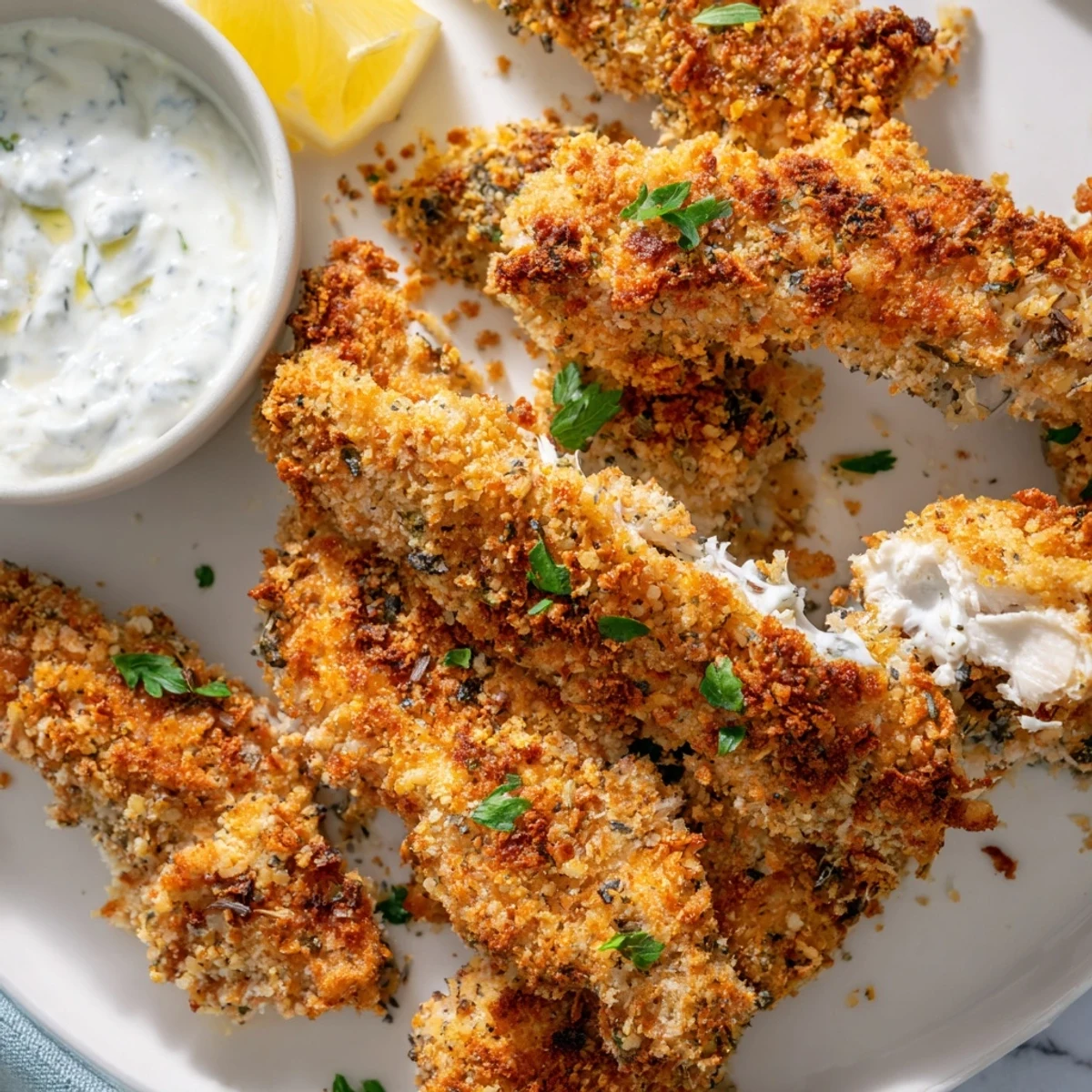Crispy Greek chicken strips arranged on a platter alongside cool tzatziki dipping sauce