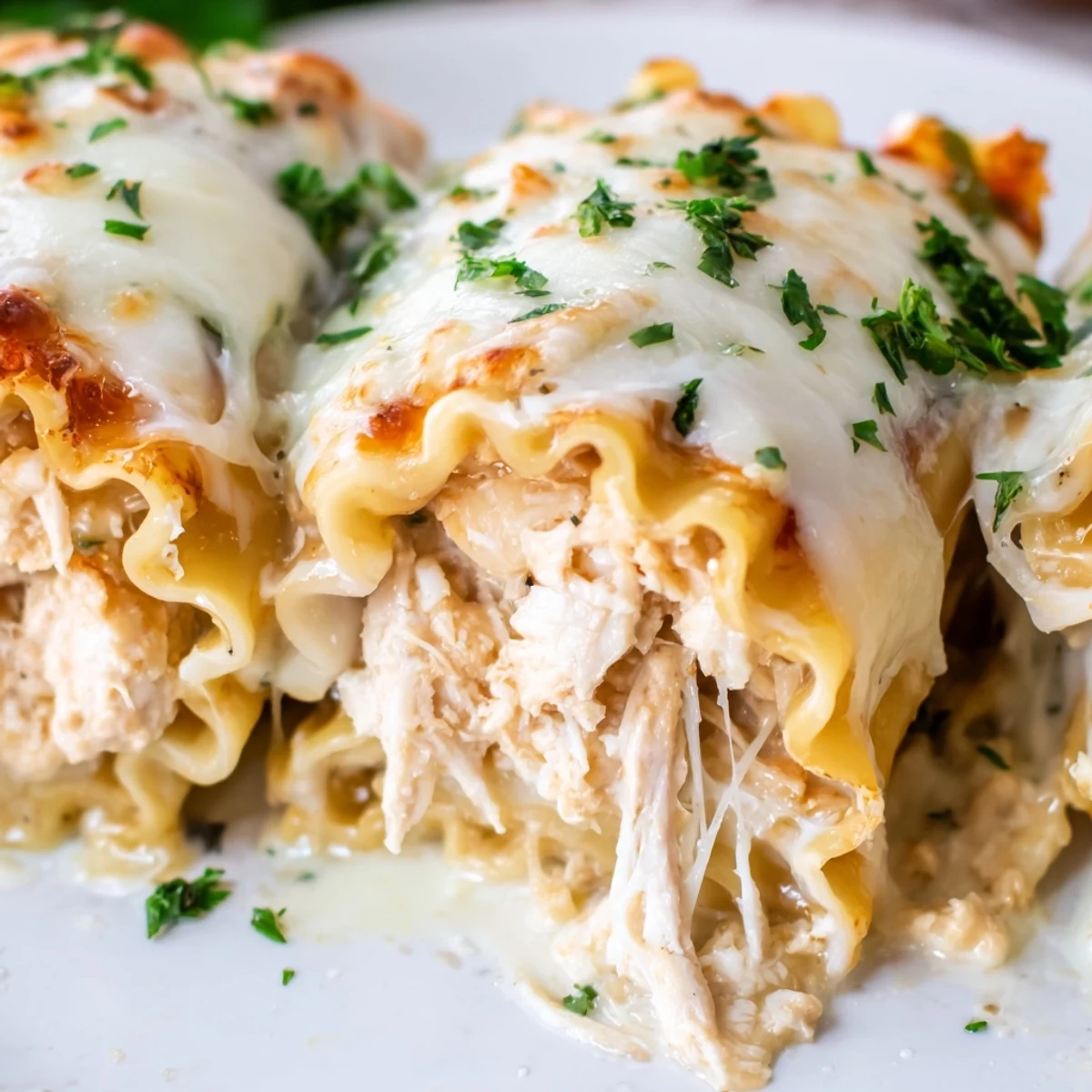 Tender pasta spirals stuffed with garlicky chicken and Parmesan, oozing melted mozzarella on a rustic baking dish