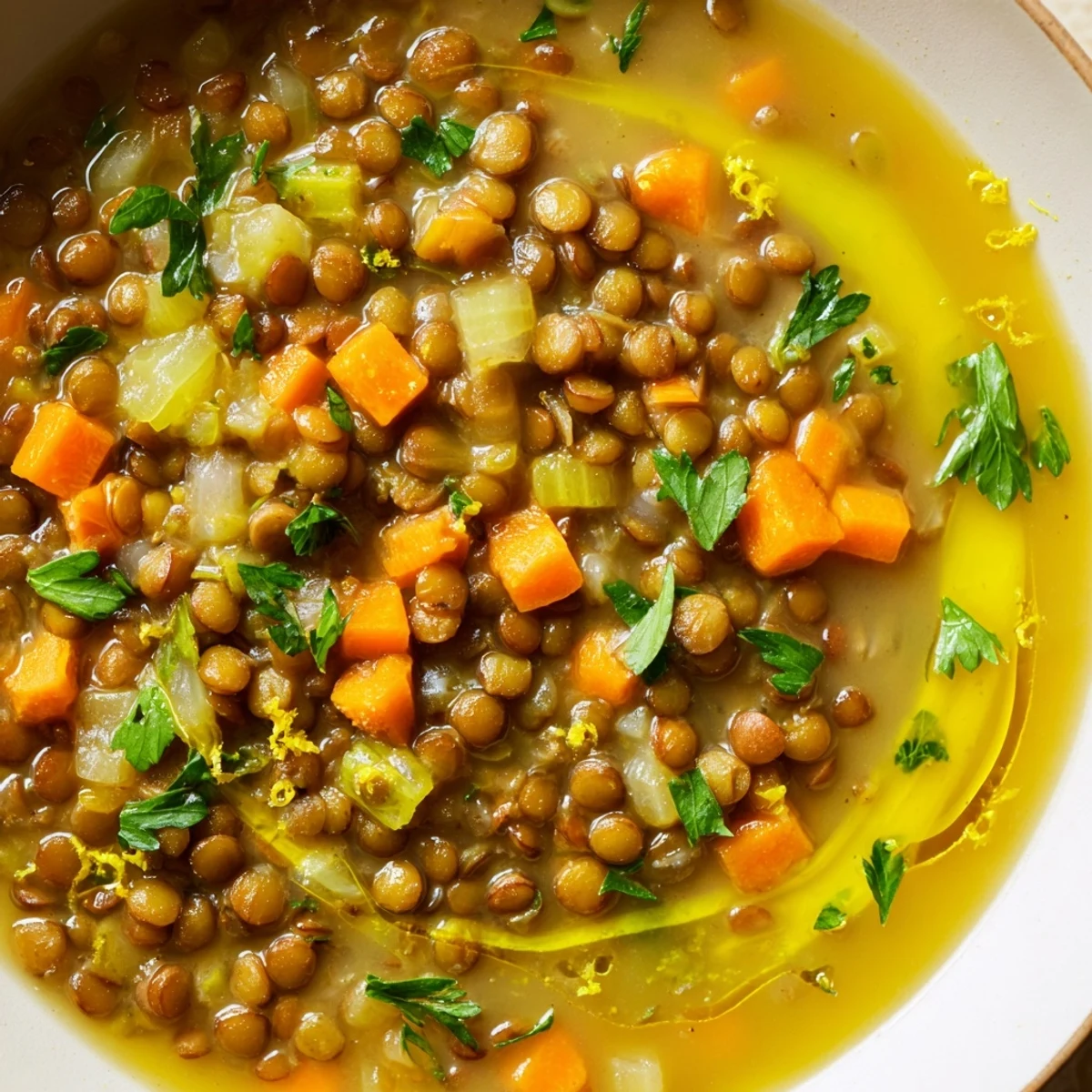 Creamy lemon lentil soup in a rustic bowl topped with fresh parsley garnish