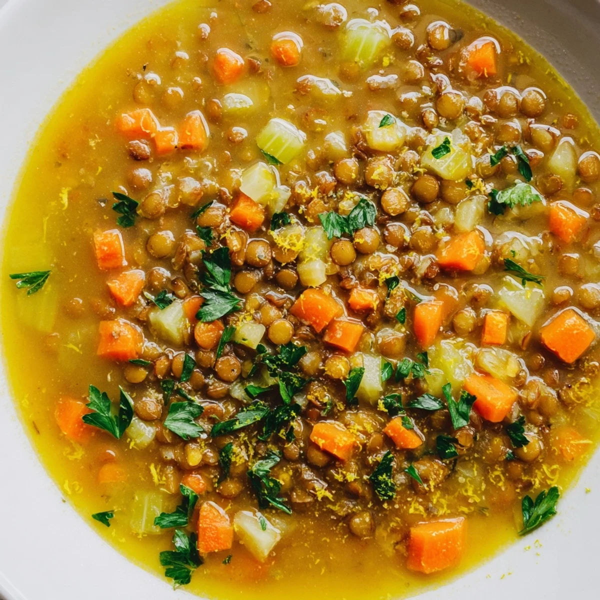 Bright lemon lentil soup served with crusty bread for a cozy vegetarian dinner
