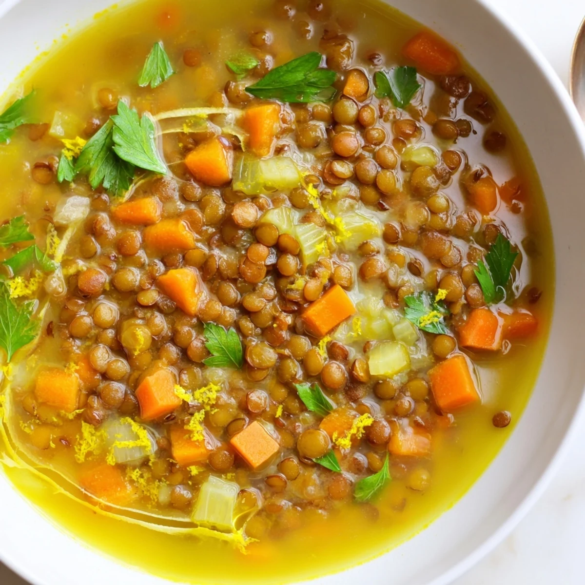 Golden lemon lentil soup simmering with tender vegetables in a steaming pot