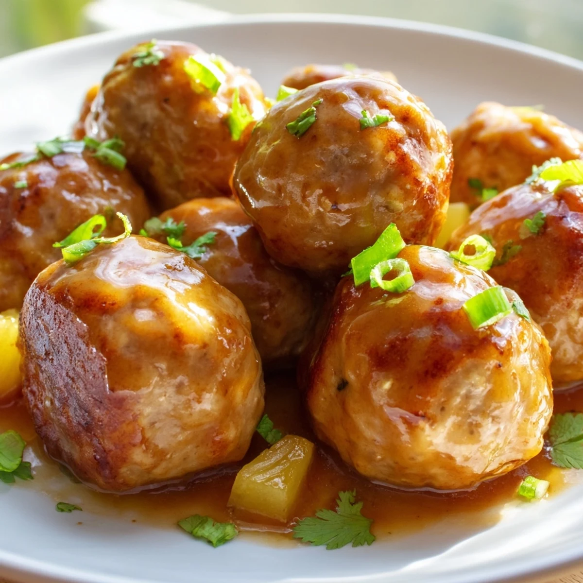Golden sweet pineapple chicken meatballs glistening with tangy glaze on a white platter