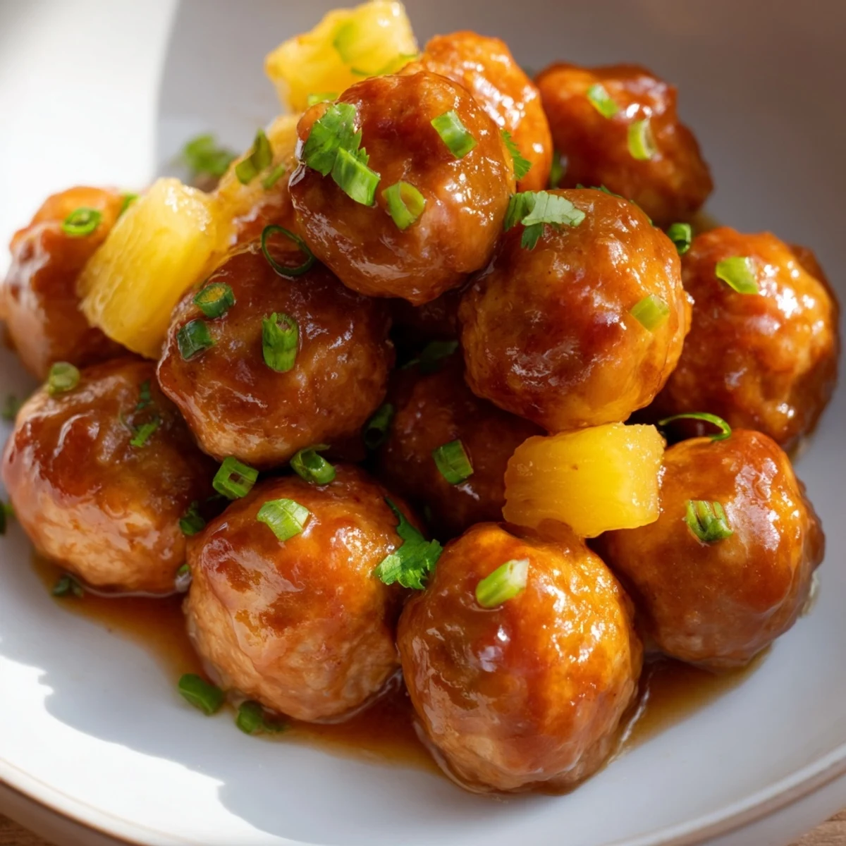 Tender chicken meatballs coated in glossy sweet pineapple sauce served over steamed rice