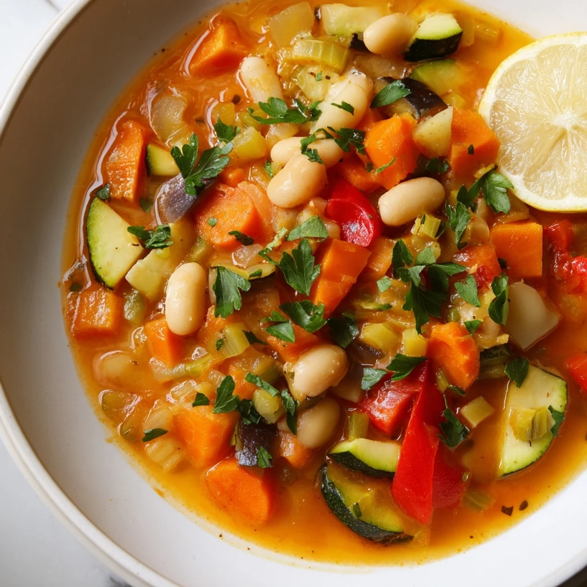 Steaming bowl of Mediterranean Soup topped with fresh parsley and a bright lemon wedge