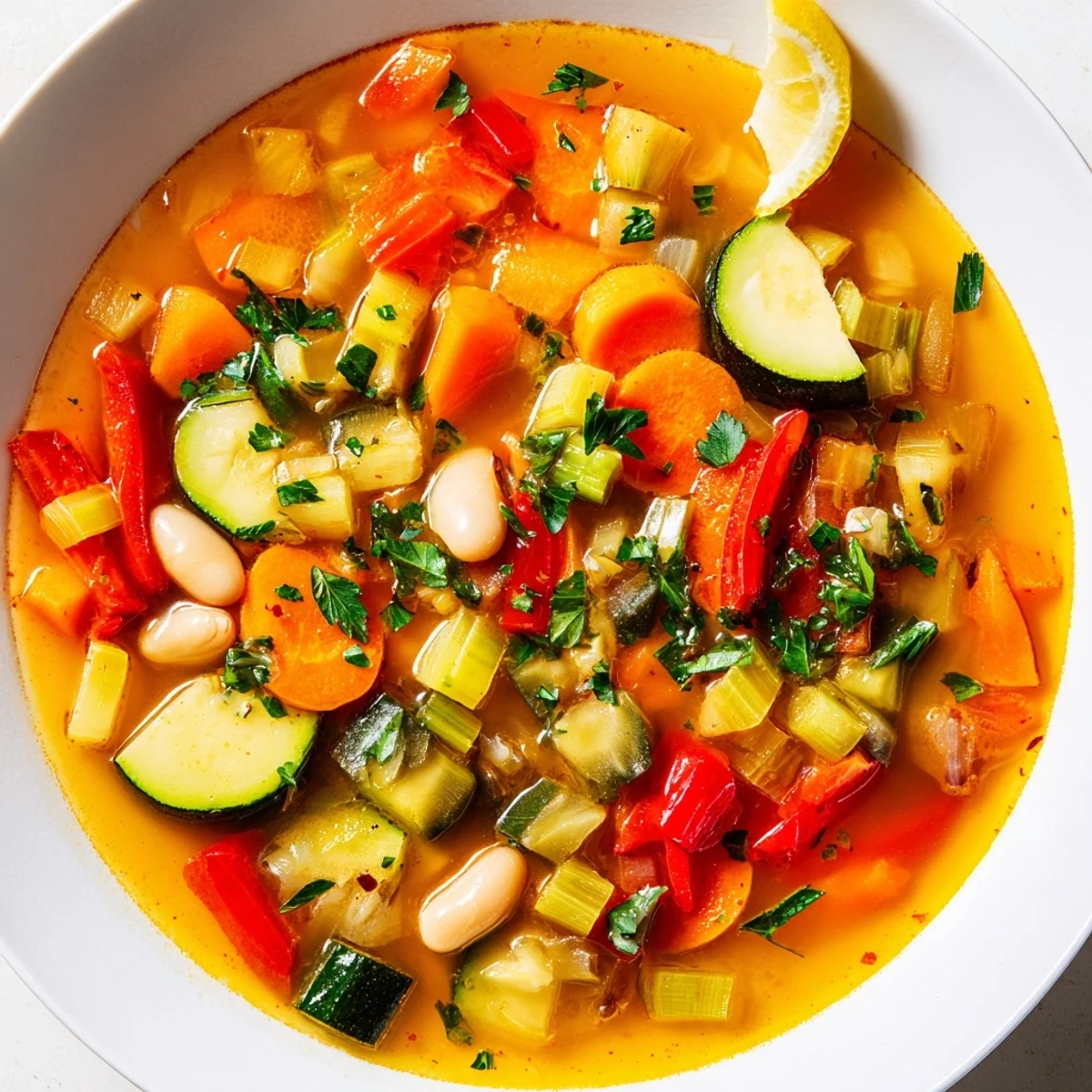 Colorful Mediterranean Soup brimming with tender vegetables, white beans, and fragrant herbs
