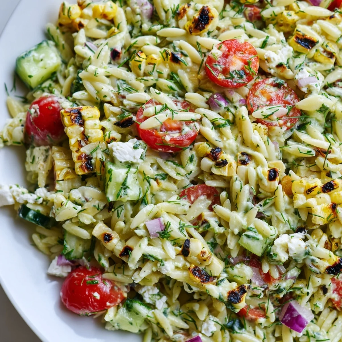 A bowl of grilled corn orzo salad topped with crumbled feta and fresh dill