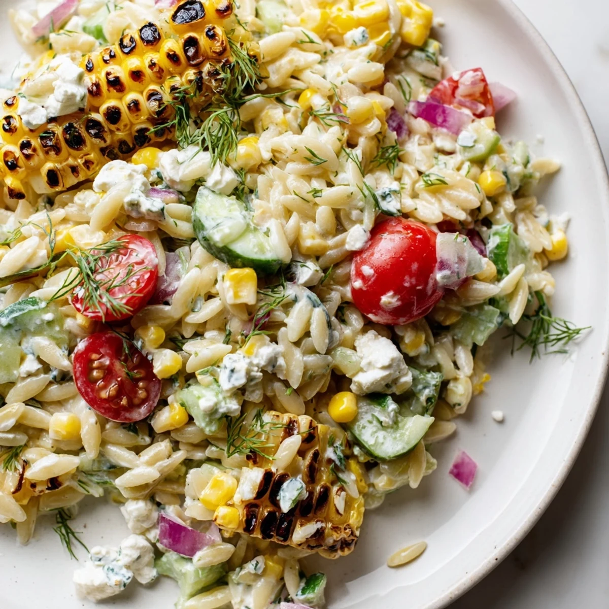 Grilled corn orzo salad with scallion dill dressing served in a rustic white bowl