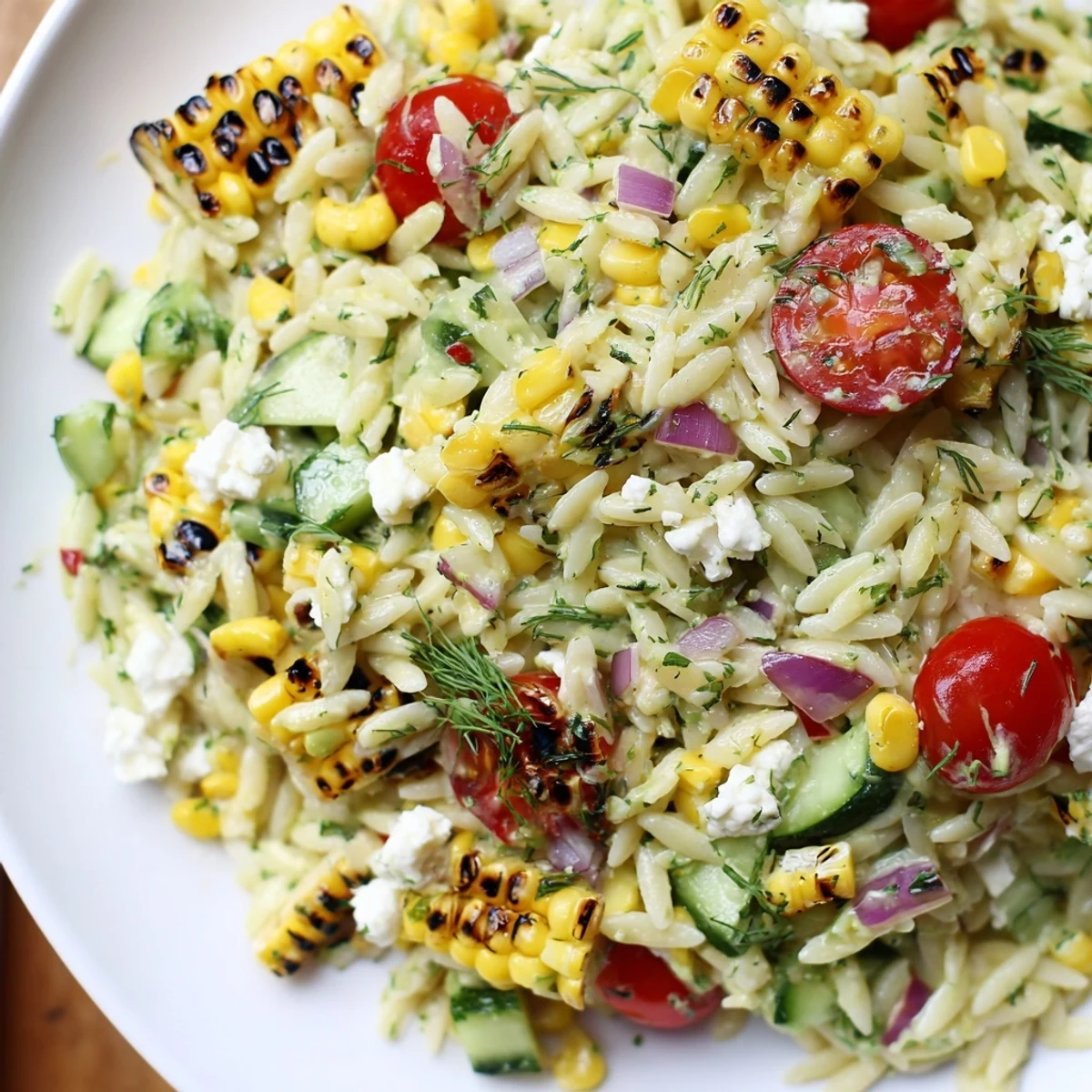 Creamy scallion dill dressing drizzled over smoky grilled corn orzo salad with cherry tomatoes
