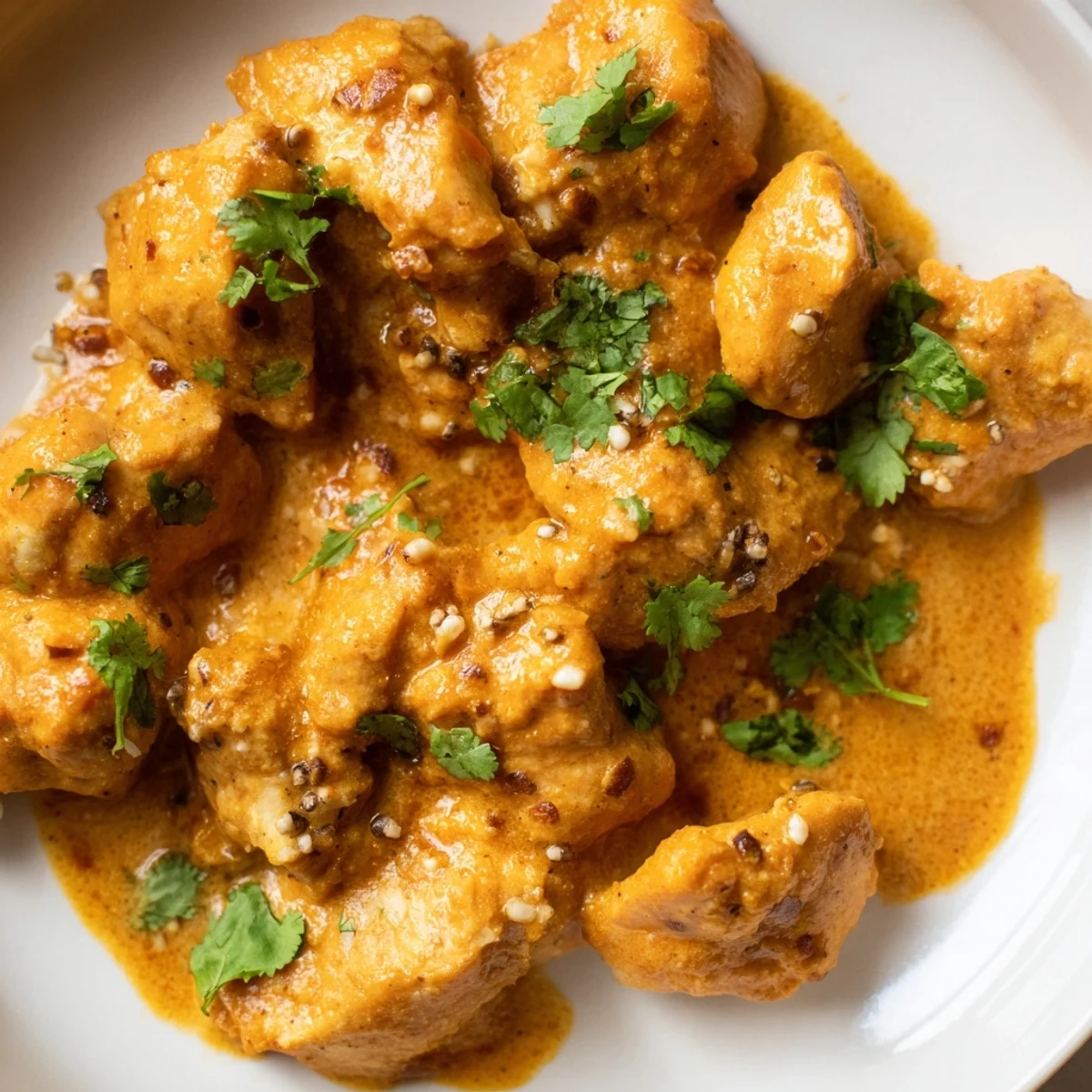 Crockpot Butter Chicken simmering in a creamy golden tomato sauce with fragrant spices