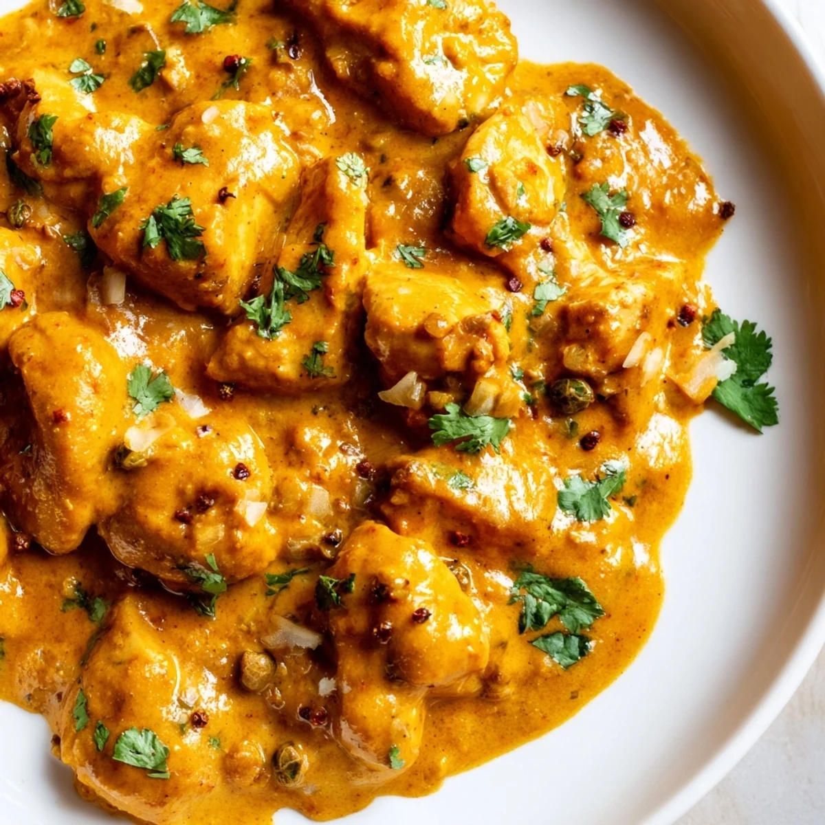 Tender Crockpot Butter Chicken served over fluffy basmati rice with fresh cilantro garnish