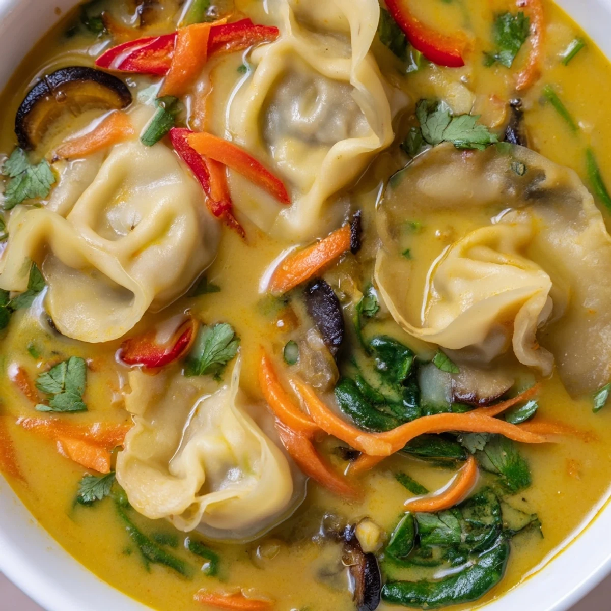 Steaming bowls of Creamy Thai Dumpling Soup with vibrant vegetables and herbs