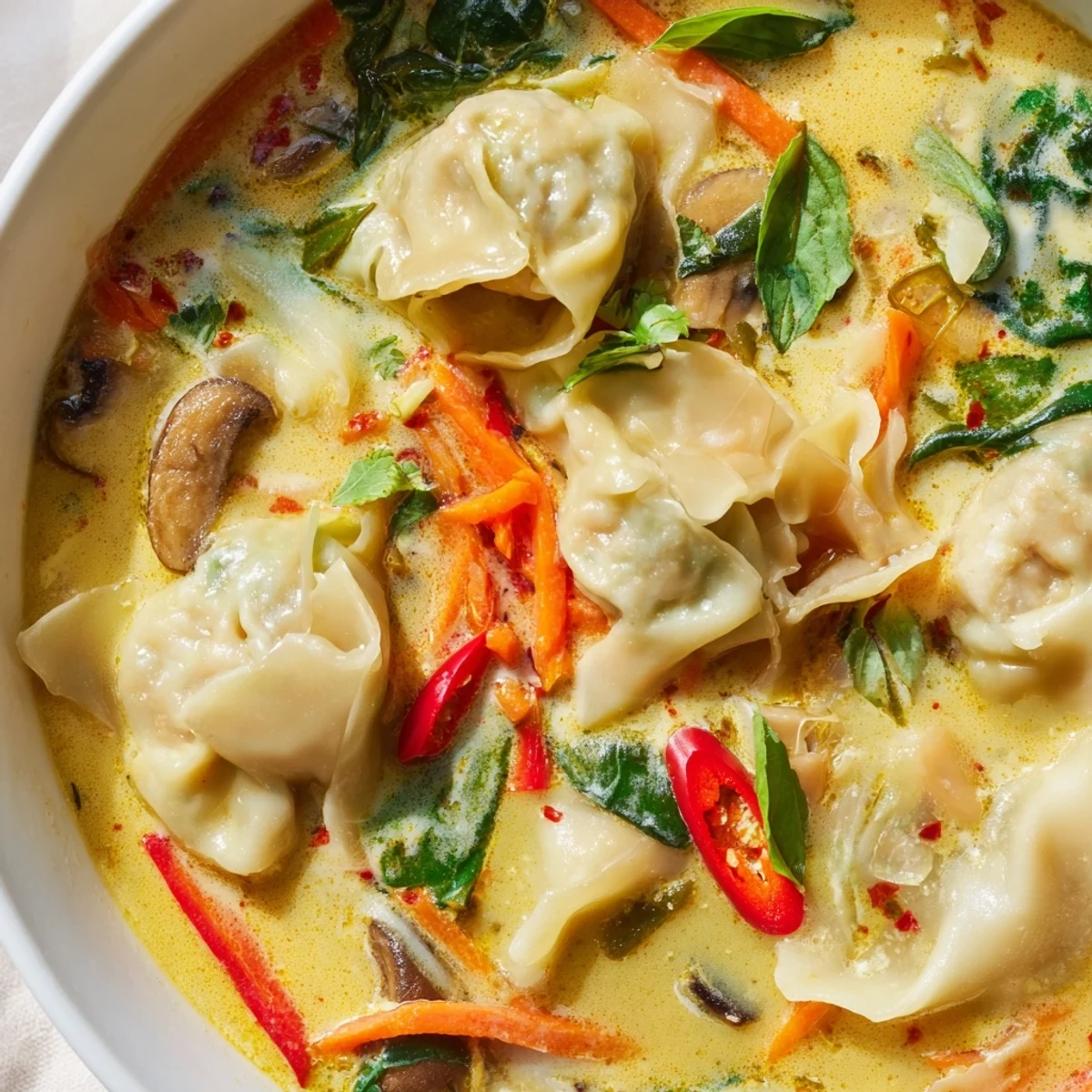 Creamy Thai Dumpling Soup in golden coconut broth topped with fresh basil