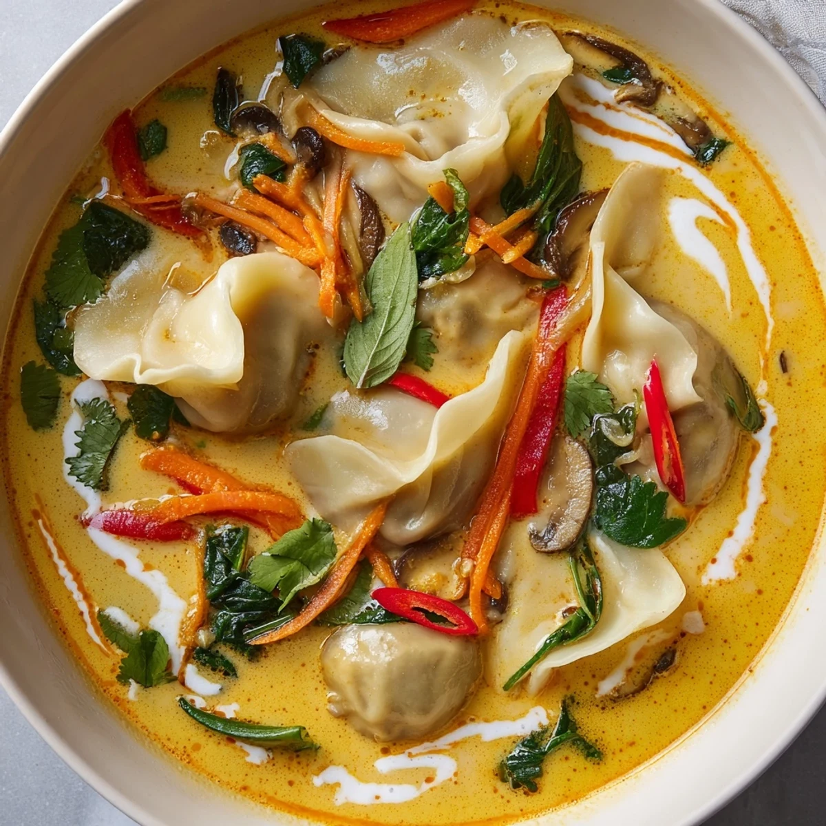 Creamy Thai Dumpling Soup featuring plump wontons in rich red curry broth