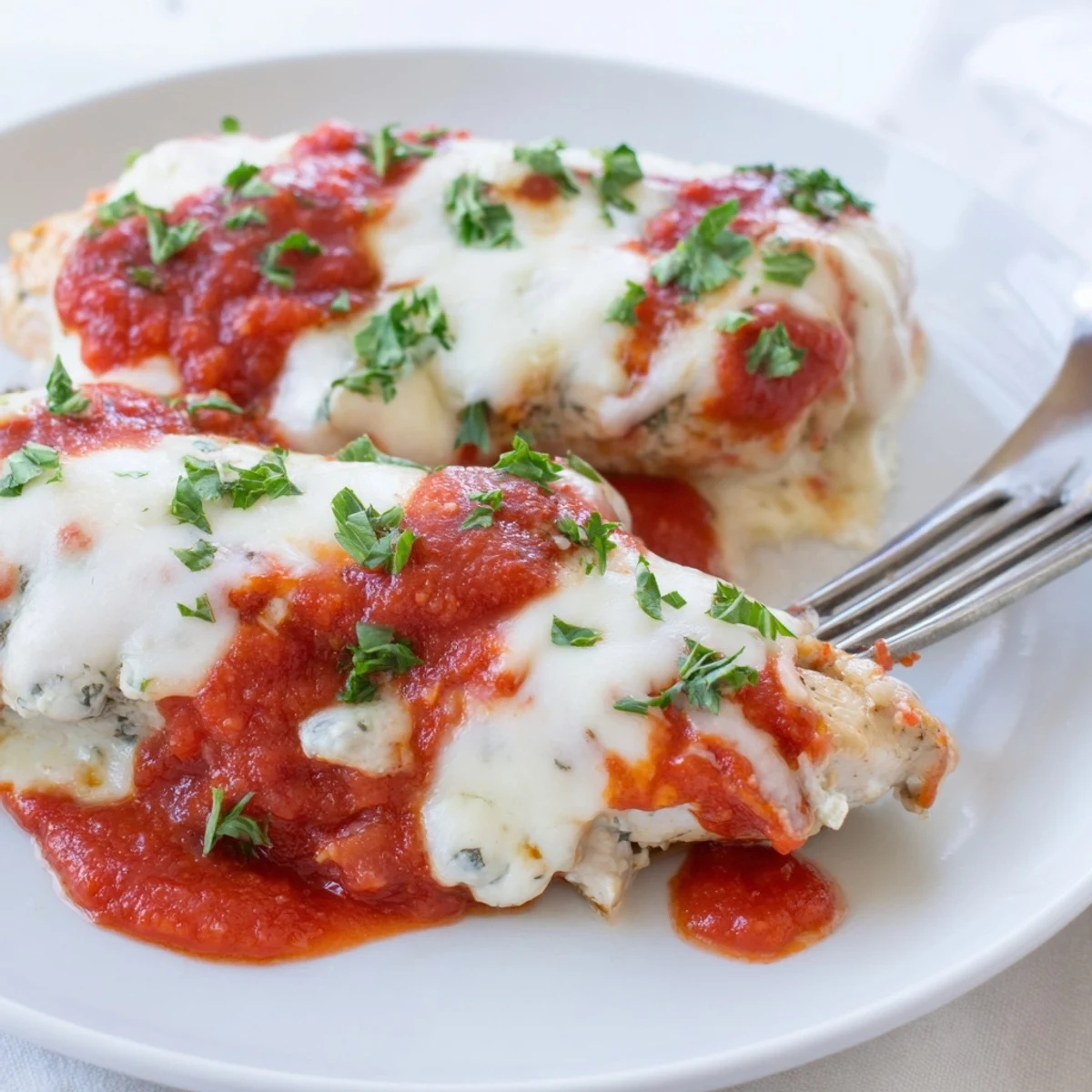 Golden bubbling ricotta chicken bake topped with melted mozzarella and marinara sauce