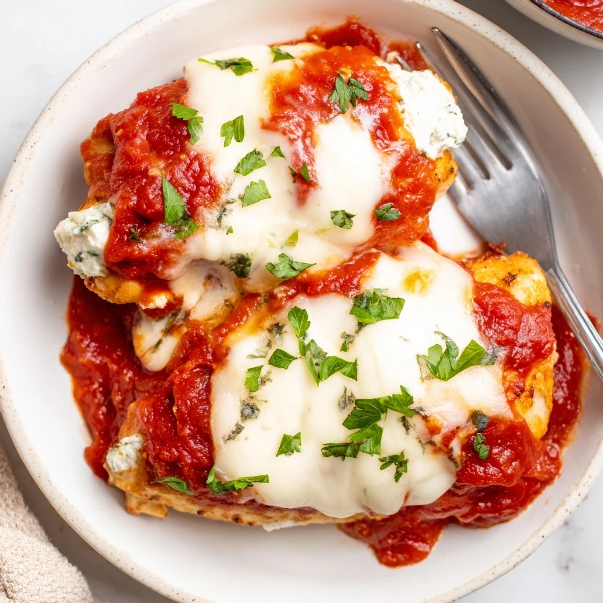 Ricotta chicken bake served on a plate with garnished parsley and roasted vegetables