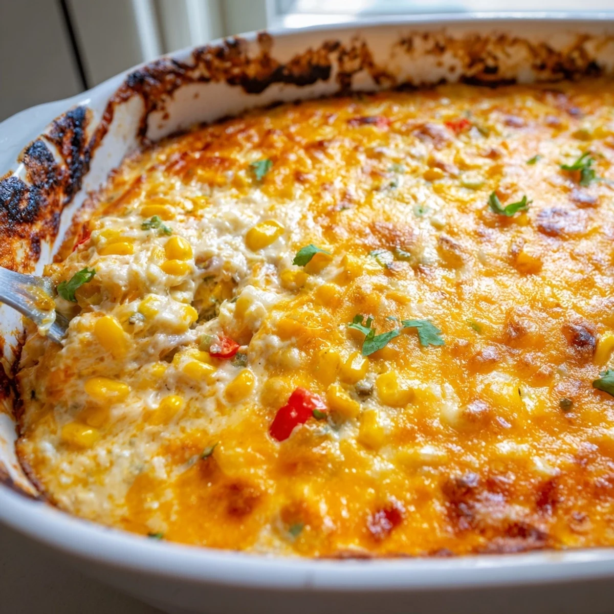 Golden bubbling baked creamy corn jalapeño dip served with crispy tortilla chips