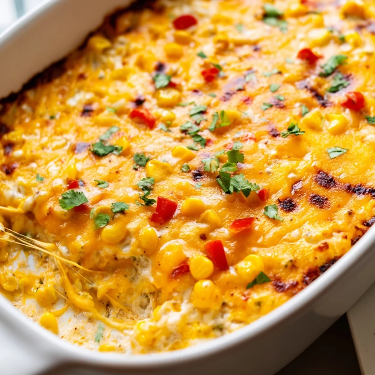 Creamy baked corn jalapeño dip topped with melted cheddar and fresh cilantro