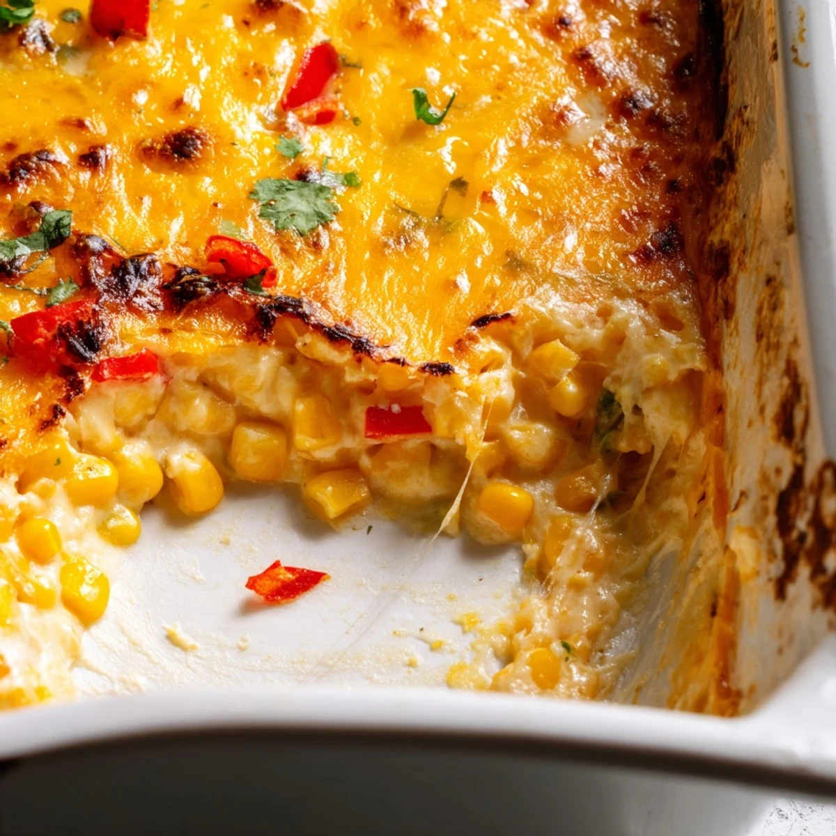 Warm baked creamy corn jalapeño dip scooped up with toasted baguette slices