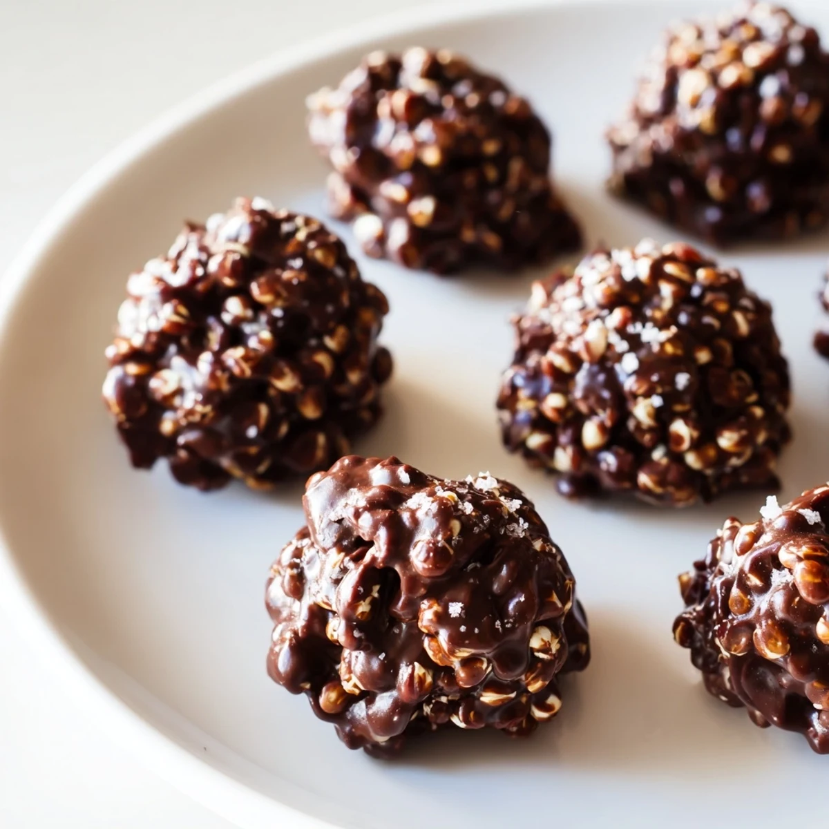 Glossy chocolate quinoa crunch bites topped with sea salt on parchment paper