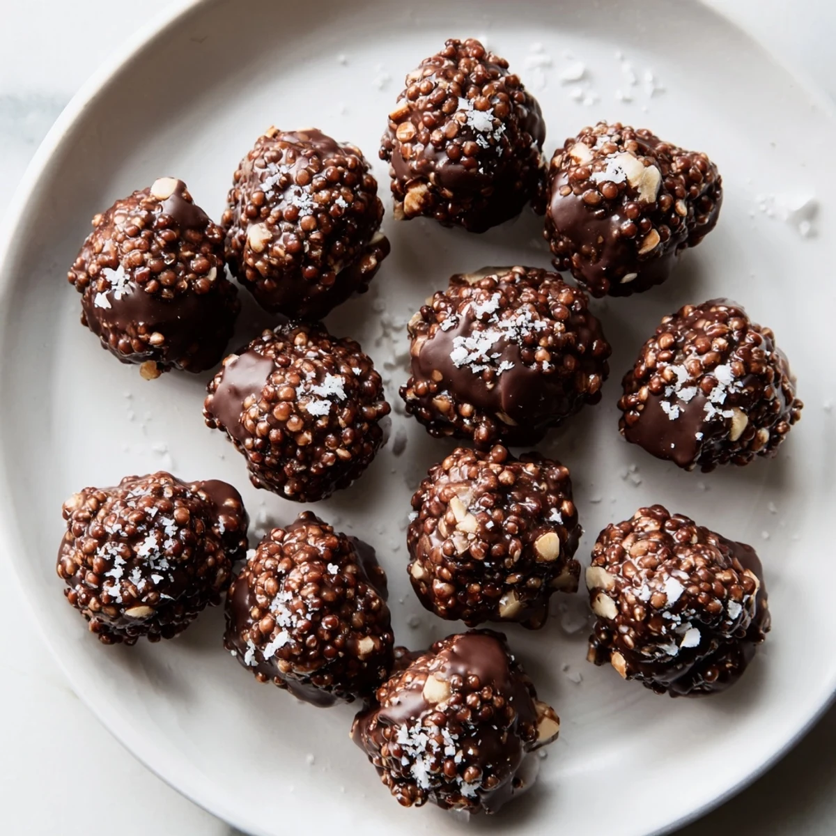Dark chocolate quinoa crunch bites studded with toasted almonds and shredded coconut