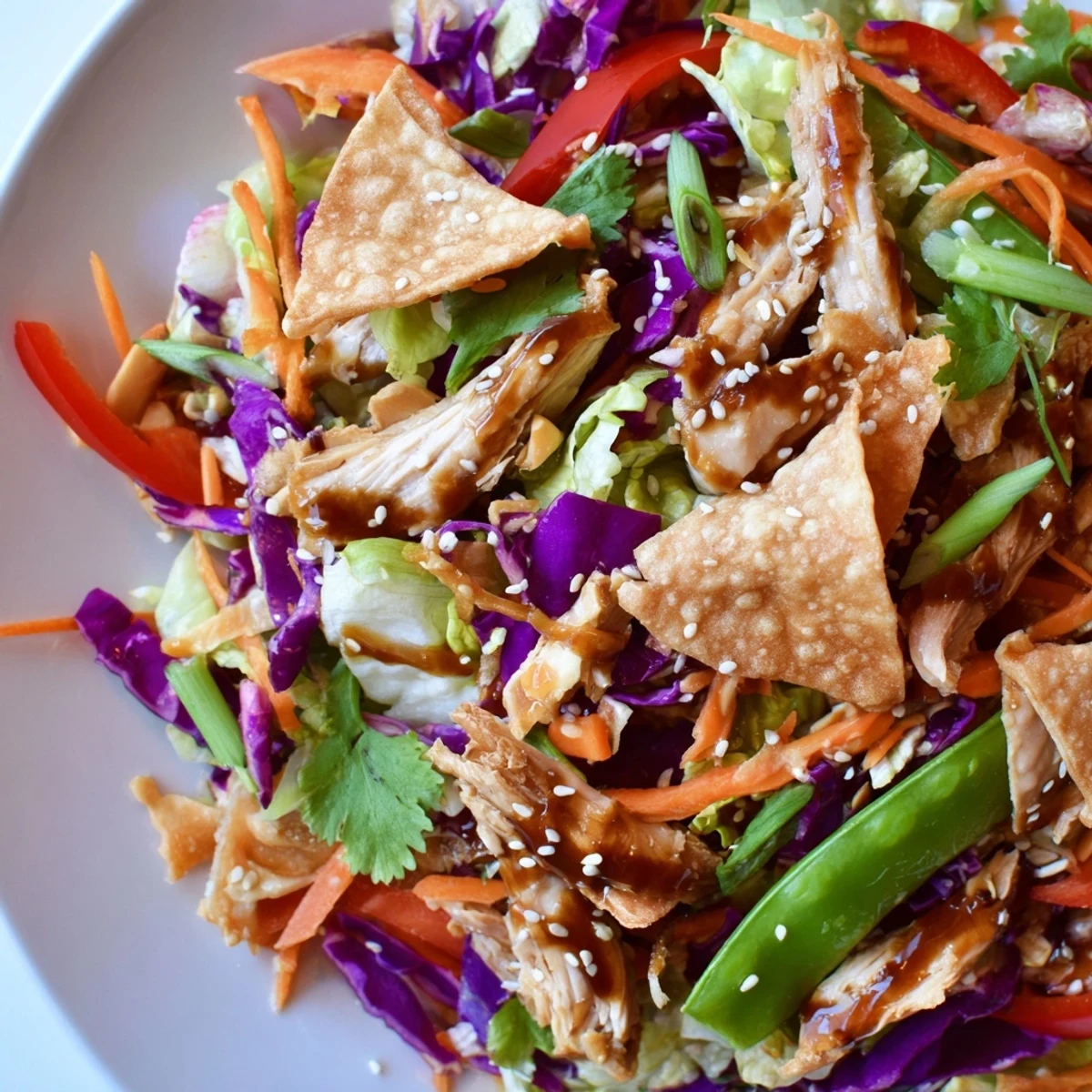 Colorful chicken cashew crunch salad topped with roasted nuts and sesame dressing