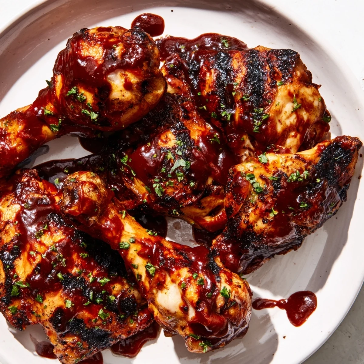 Barbecue chicken with glossy charred skin resting on a rustic wooden cutting board