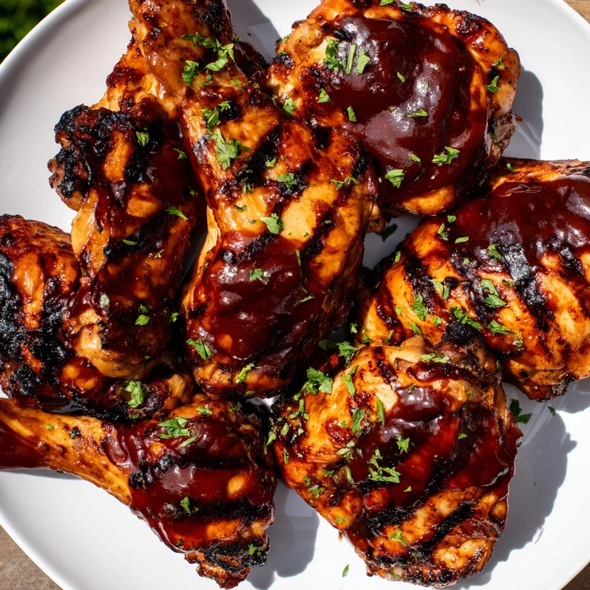 Smoky barbecue chicken pieces grilled until perfectly caramelized and brushed with tangy sauce
