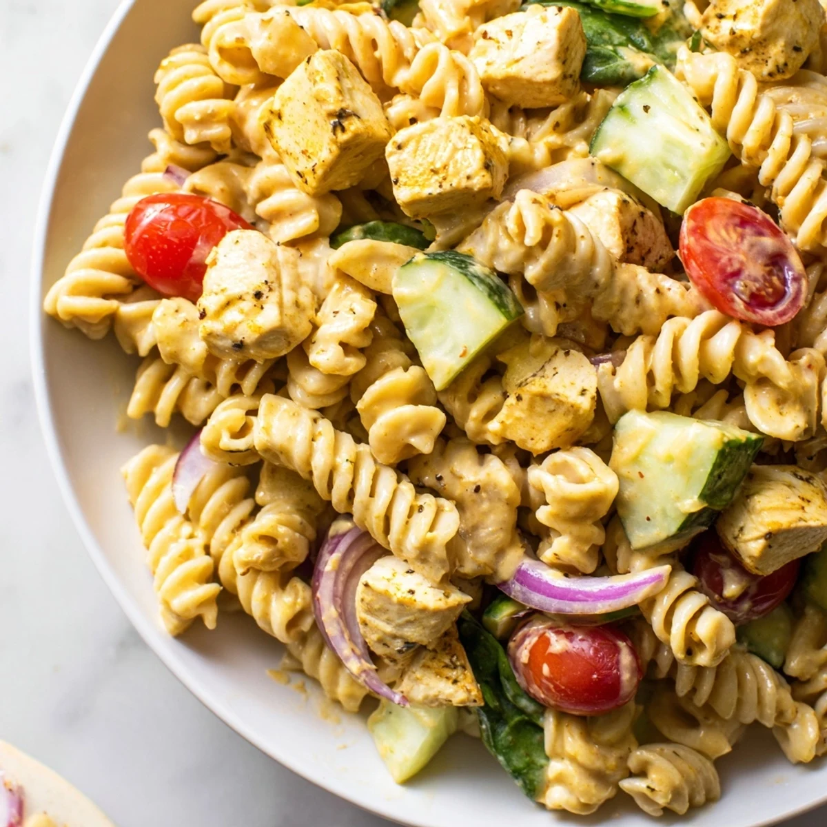 Colorful honey mustard chicken pasta salad in a large serving bowl with fresh vegetables