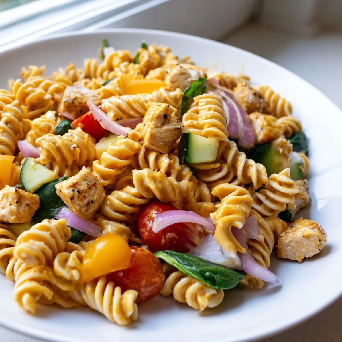 Creamy honey mustard chicken pasta salad topped with cherry tomatoes and crisp spinach